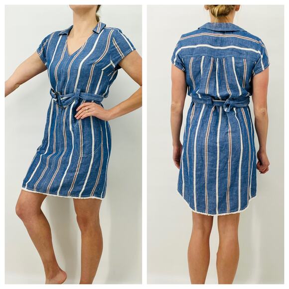 Anthropologie Pilcro Striped Blue Belted Linen Blend Dress Women's 4 - Picture 2 of 8